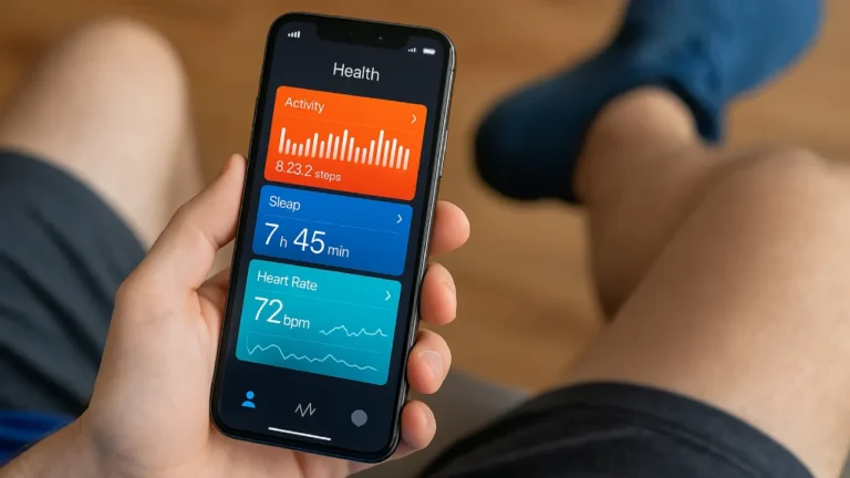 Zbliżenie na dłoń trzymającą smartfon z włączoną aplikacją zdrowotną monitorującą aktywność, sen i tętno