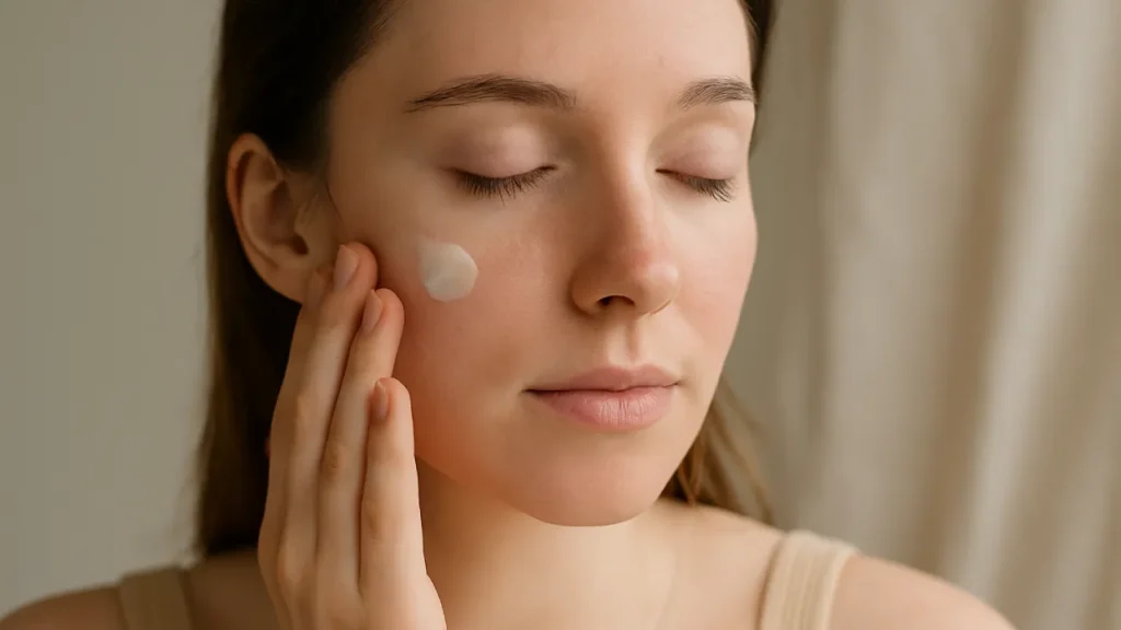 Kobieta z wrażliwą skórą twarzy delikatnie nakładająca krem pielęgnacyjny
