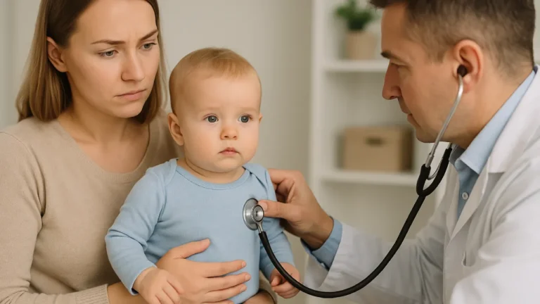 Lekarz badający niemowlę podczas wizyty z matką – decyzja o szczepieniu przeciwko meningokokom