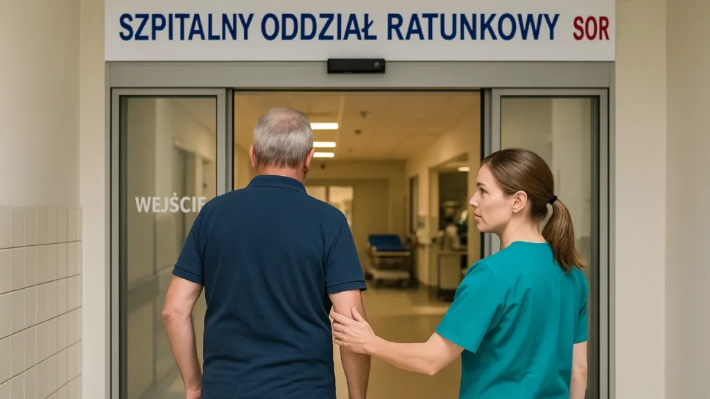 Scena przy wejściu do Szpitalnego Oddziału Ratunkowego – pacjent wchodzący do izby przyjęć pod opieką personelu medycznego