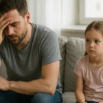 Zmęczony ojciec siedzący z córką na kanapie – emocjonalne skutki wypalenia rodzicielskiego