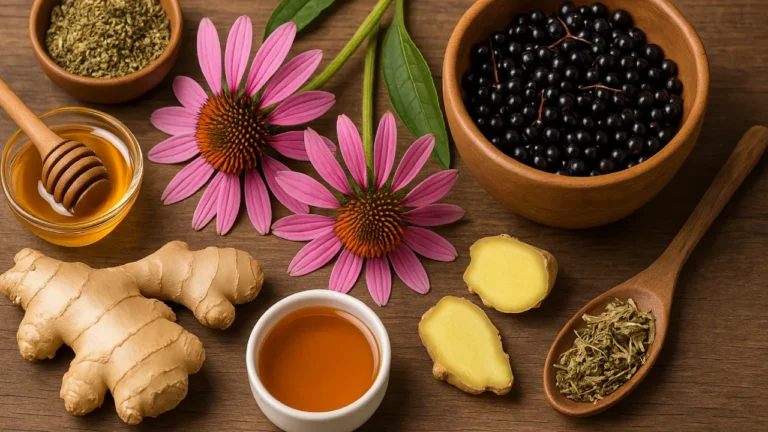 Zioła przeciwwirusowe na drewnianym stole: echinacea, czarny bez, imbir, miód i susz roślinny