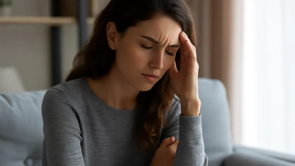 Zamyślona kobieta z bólem głowy siedząca na sofie – napięcie psychiczne i objawy psychosomatyczne